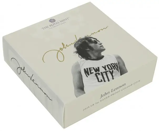 2025 John Lennon 'Music Legends' Silver Proof 1 oz Coin (Coloured) box chards