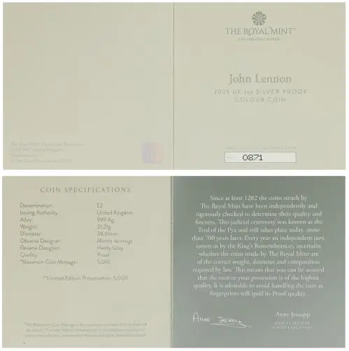 2025 John Lennon 'Music Legends' Silver Proof 1 oz Coin (Coloured) certificate chards