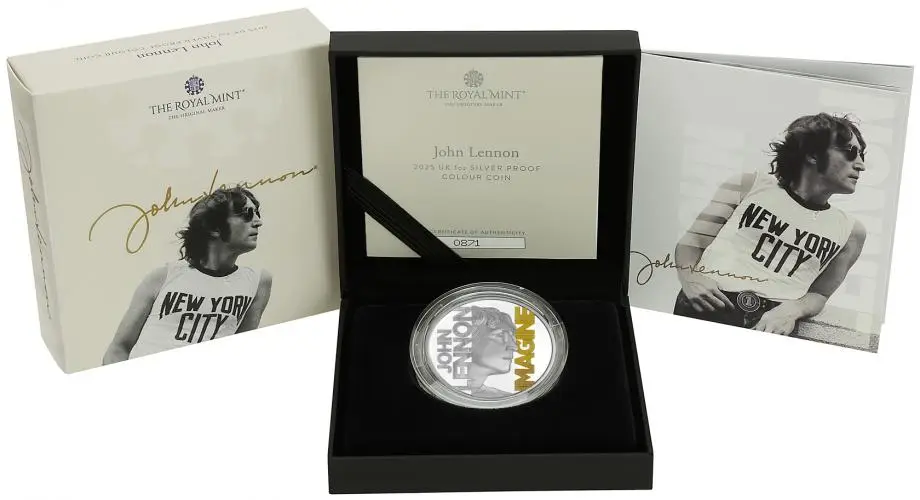 2025 John Lennon 'Music Legends' Silver Proof 1 oz Coin (Coloured) display chards