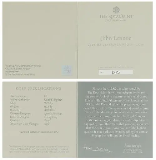 2025 John Lennon 'Music Legends' 2 oz Silver Proof Coin  certificate