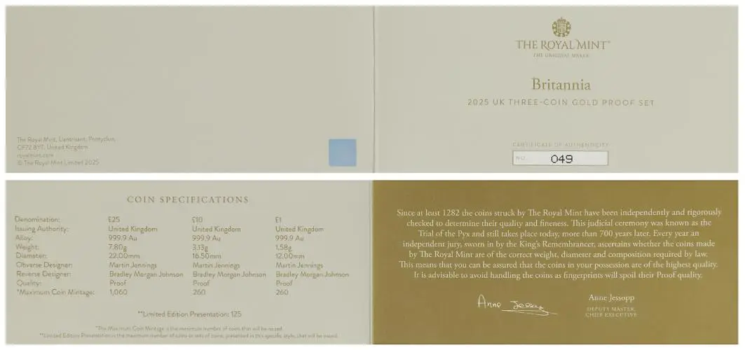 2025 Gold Proof Britannia Three Coin Set certificate