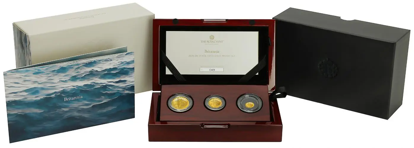 2025 Gold Proof Britannia Three Coin Set display