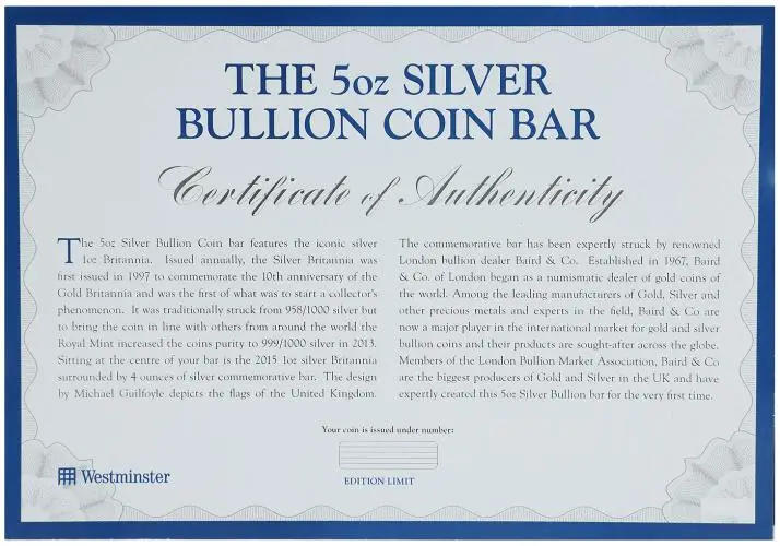 2015 Baird & Co. Britannia 5 oz Silver Bullion Coin Bar - Pre-Owned certificate