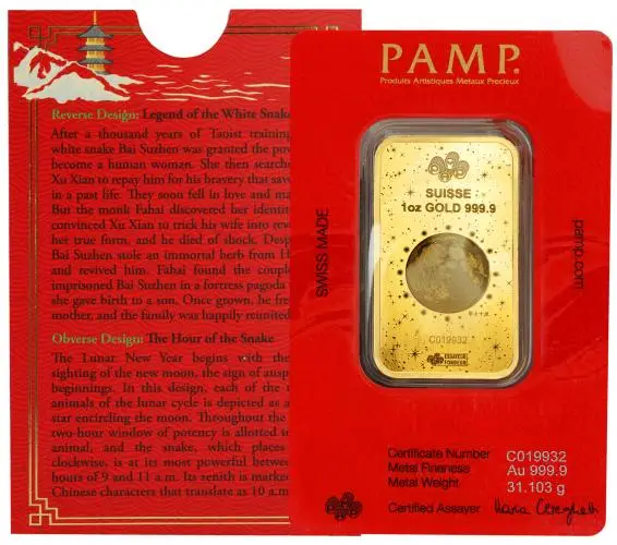 2025 Lunar Legend 'Year of the Snake' 1 oz Gold Bar PAMP obverse