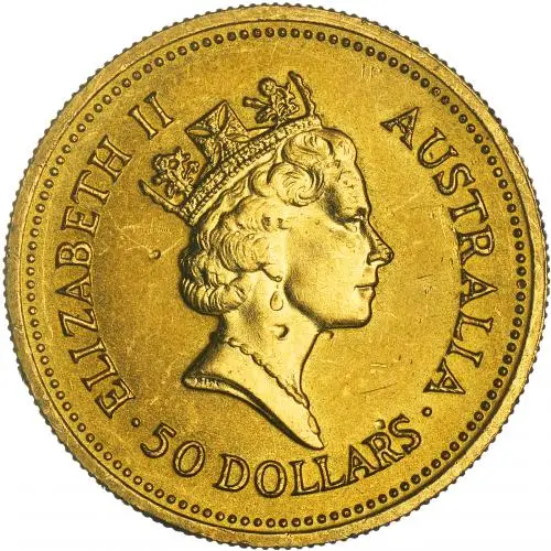 1987 Gold Grade C 0.5 Ounce Kangaroo Nugget Elizabeth II Australian Dollar 50 Dollar  Coin Single Australia Perth Mint Third Portrait obverse