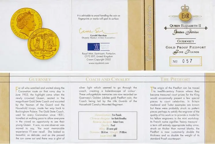 2002 Golden Jubilee Guernsey Gold Proof £5 Coin cert specs and info