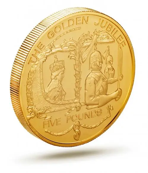 2002 Golden Jubilee Guernsey Gold Proof £5 Coin side view
