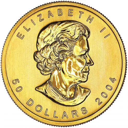 2004 Gold Bullion 1 Ounce Maple 25th Anniversary 50 Dollar  Coin Single Canada Royal Canadian Mint obverse