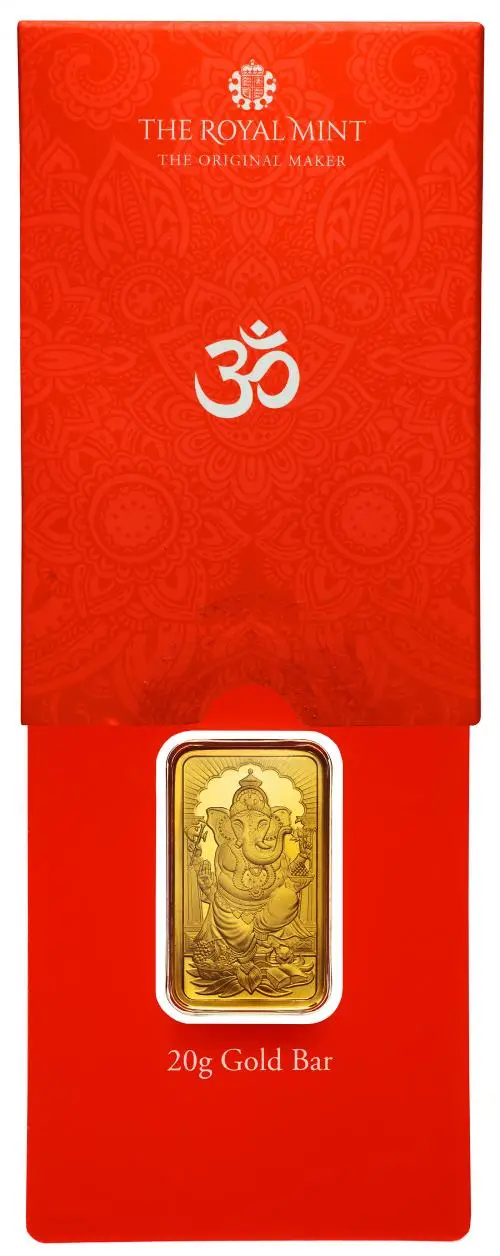 Ganesh  Gold Bullion 20 Gram Wafer Lakshmi  Bar In Card New United Kingdom The Royal Mint reverse in package