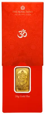 Ganesh  Gold Bullion 20 Gram Wafer Lakshmi  Bar In Card New United Kingdom The Royal Mint reverse in package