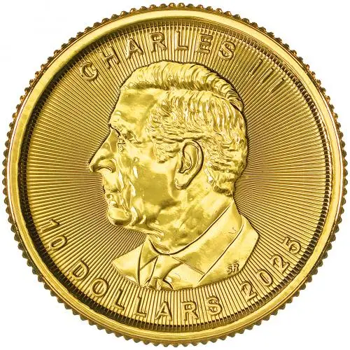 2025 Gold Bullion 0.25 Ounce Maple Charles III Canadian Dollar $10  Coin Single Canada Royal Canadian Mint obverse