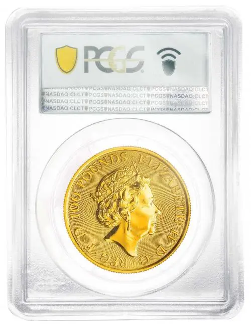 2021 Gold Graded 1 Ounce Queen's Beasts Elizabeth II Completer Coin Pound Sterling obverse