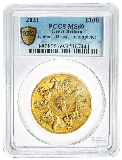 2021 Gold Graded 1 Ounce Queen's Beasts Elizabeth II Completer Coin Pound Sterling reverse