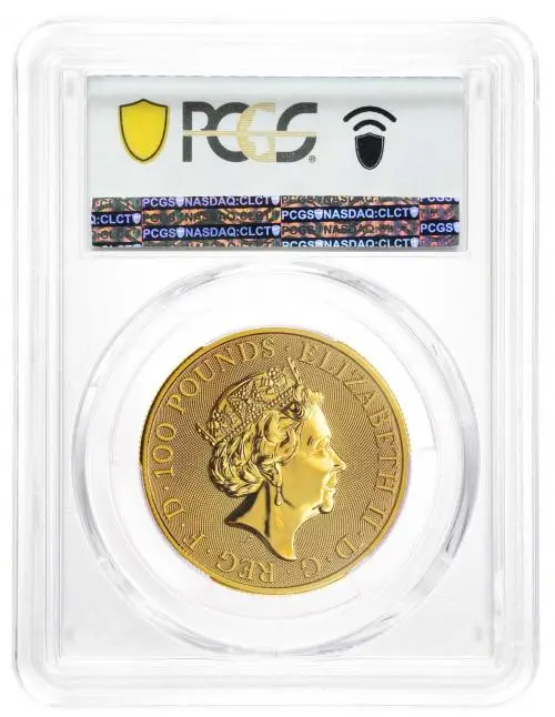 2022 Gold Bullion 1 Ounce Royal Arms Elizabeth II £100  Coin Slabbed PCGS United Kingdom The Royal Mint MS-69 obverse