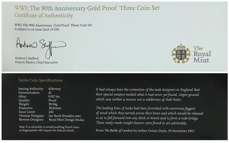 2008 Gold Proof Elizabeth II 90th Anniversary of WWI £5  Coin With Box Alderney The Royal Mint 3 Coins  certificate