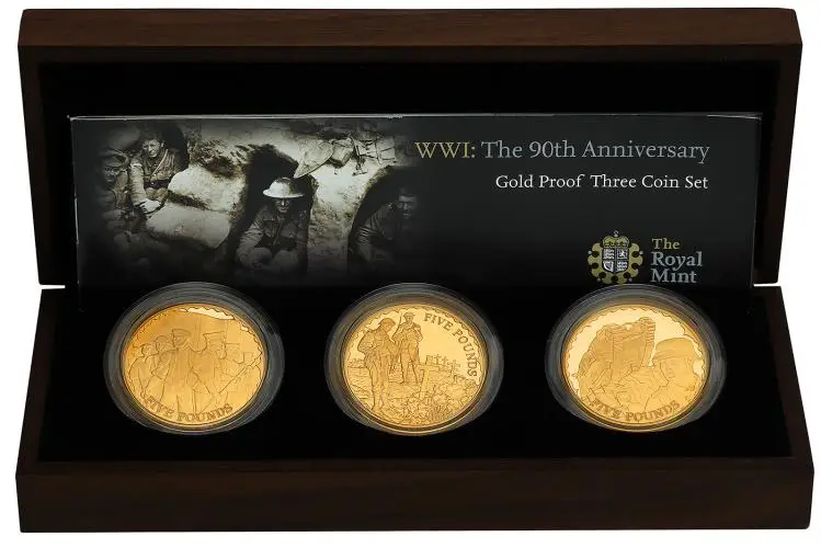 2008 Gold Proof Elizabeth II 90th Anniversary of WWI £5  Coin With Box Alderney The Royal Mint 3 Coins reverse