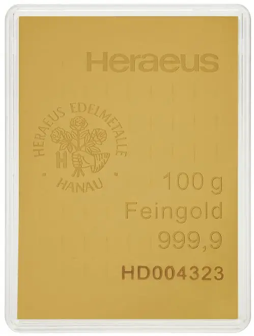 Gold Bullion 100 Gram Wafer  Bar In Sleeve Pre-Owned Switzerland Heraeus obverse