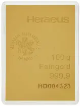 Gold Bullion 100 Gram Wafer  Bar In Sleeve Pre-Owned Switzerland Heraeus obverse