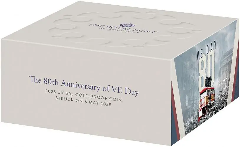 2025 '80th Anniversary of VE Day' Gold Proof 50p Coin - Strike on the Day box trm