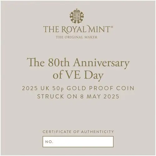 2025 '80th Anniversary of VE Day' Gold Proof 50p Coin - Strike on the Day certificate trm
