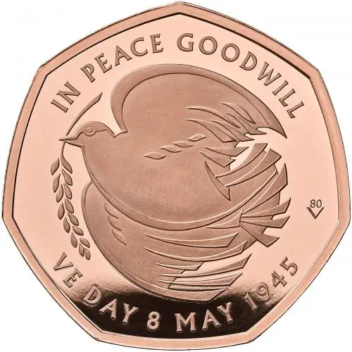 2025 '80th Anniversary of VE Day' Gold Proof 50p Coin - Strike on the Day reverse trm