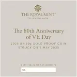 2025 '80th Anniversary of VE Day' Gold Proof 50p Coin - Strike on the Day certificate trm