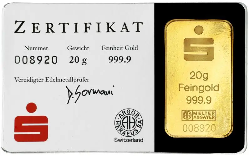 Gold Bullion 20 Gram Wafer KINEBAR  Bar In Sleeve with Cert Pre-Owned Germany Argor Heraeus reverse