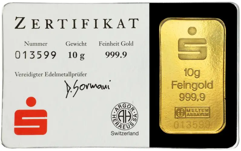 Gold Bullion 10 Gram Wafer KINEBAR  Bar In Sleeve with Cert Pre-Owned Germany Argor Heraeus reverse