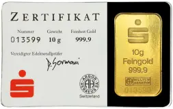 Gold Bullion 10 Gram Wafer KINEBAR Bar In Sleeve with Cert Argor Heraeus - Pre-Owned 