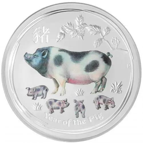 2019 Coloured Silver Bullion 1 Kilogram Lunar Year of the Pig  Coin Single Australia Perth Mint reverse
