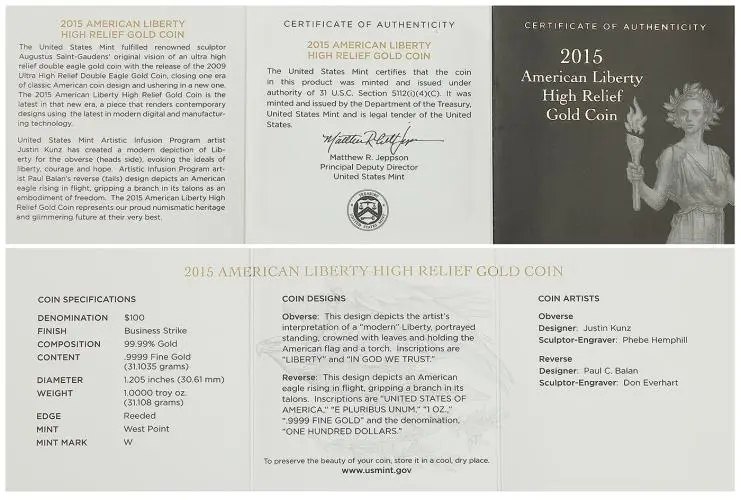 2015 American Liberty Gold Bullion 1 Ounce High Relief  certificate