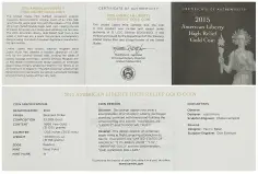 2015 American Liberty Gold Bullion 1 Ounce High Relief  certificate