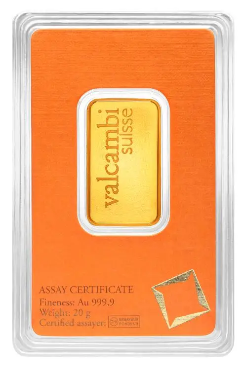 Gold 20 Gram Valcambi Suisse  Bar In Sleeve Pre-Owned Switzerland Valcambi SA obverse