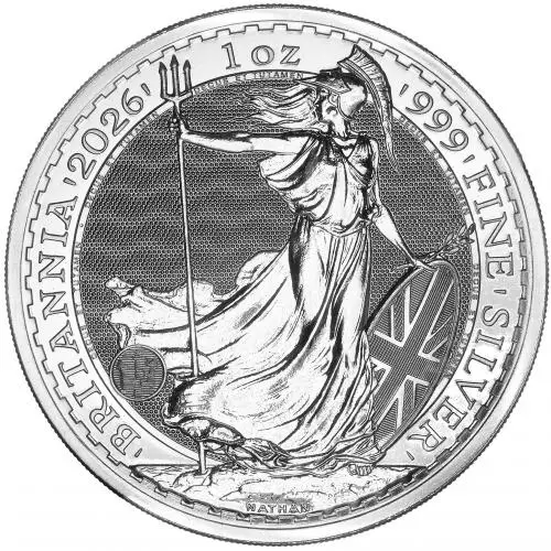 2026 Silver Britannia 1 oz Bullion Coin reverse featuring Lady Britannia holding a shield and trident