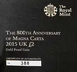 2015 UK Coin £2 Gold Proof Magna Carta 21374