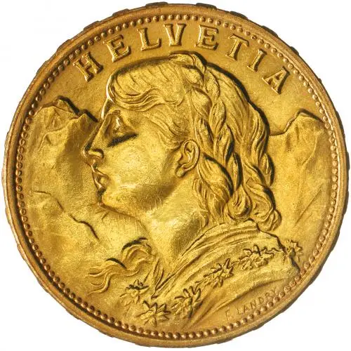 1949 Gold Bullion Swiss Franc 20 Franc  Coin Single Switzerland Swissmint obverse