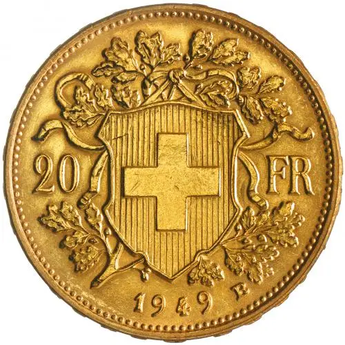 1949 Gold Bullion Swiss Franc 20 Franc  Coin Single Switzerland Swissmint reverse