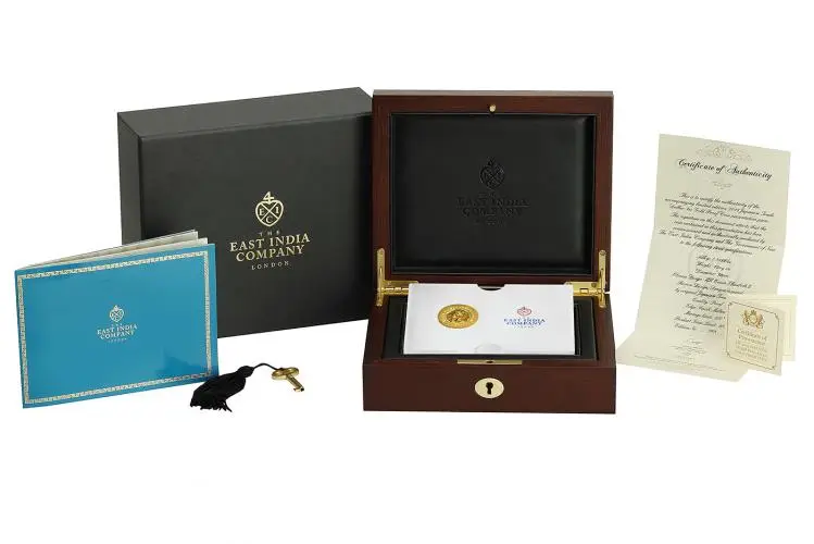 2019 East India Company Gold Proof 1 oz 'Japanese Trade Dollar' Coin box display