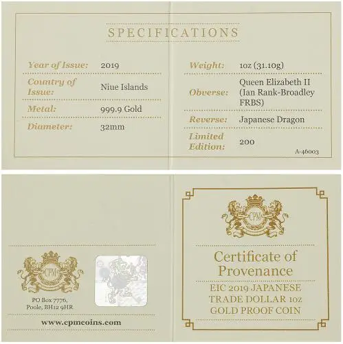 2019 East India Company Gold Proof 1 oz 'Japanese Trade Dollar' Coin certificate 1
