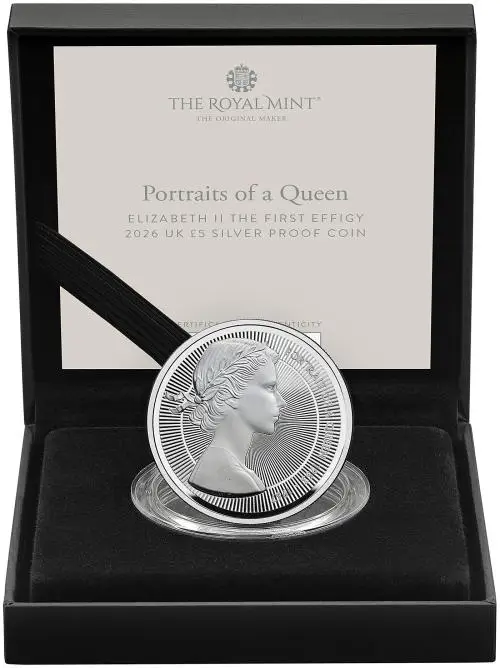 2026 Silver Proof 'Portraits of Queen Elizabeth II' £5 Coin reverse display 1