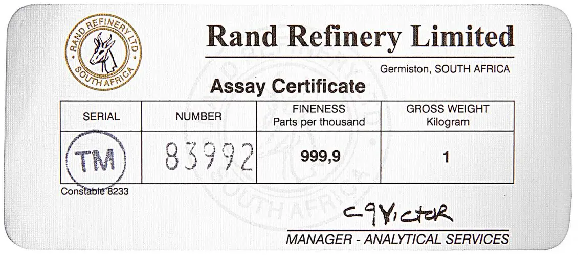 Rand Refinery 1kg Gold Bar - Pre-Owned cert