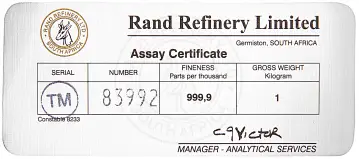 Rand Refinery 1kg Gold Bar - Pre-Owned cert