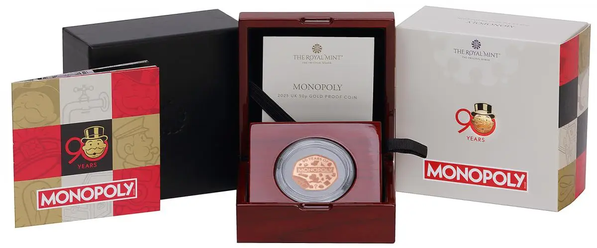 2025 Gold Proof Monopoly 50p Coin display box
