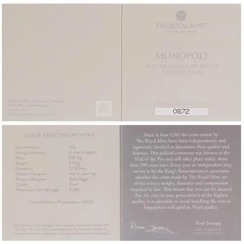 2025 Silver Proof Monopoly Coloured 50p Coin cert