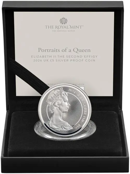 2026 Silver Proof 'Portraits of Queen Elizabeth II' £5 Coin - Second Effigy display TRM image