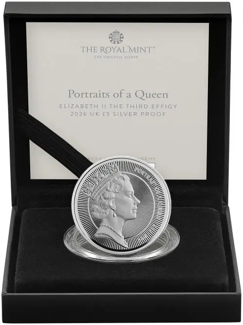 2026 Silver Proof 'Portraits of Queen Elizabeth II' £5 Coin - Third Effigy reverse box trm