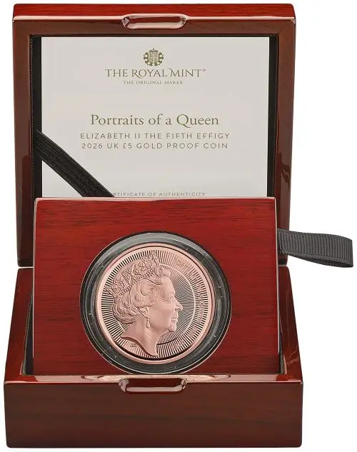 2026 Gold Proof 'Portraits of Queen Elizabeth II' £5 Coin - Fifth Effigy box display