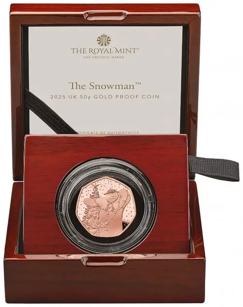 2025 The Snowman Gold Proof 50p Coin box trm image