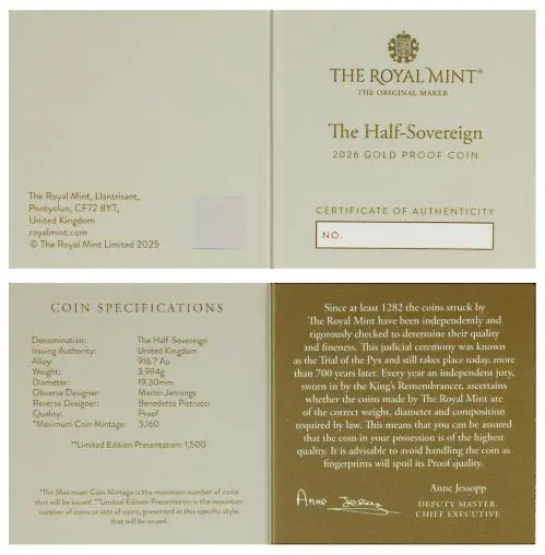 2026 Gold Proof Half Sovereign Coin cert