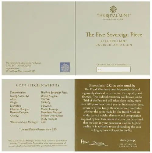 2026 Gold BU Quintuple Sovereign Coin cert